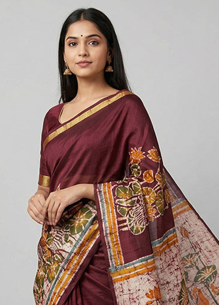 Maroon Printed Silk Saree Without Blouse Piece