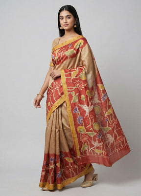 Red Printed Silk Saree Without Blouse Piece