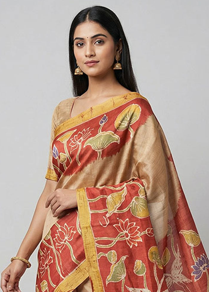 Red Printed Silk Saree Without Blouse Piece