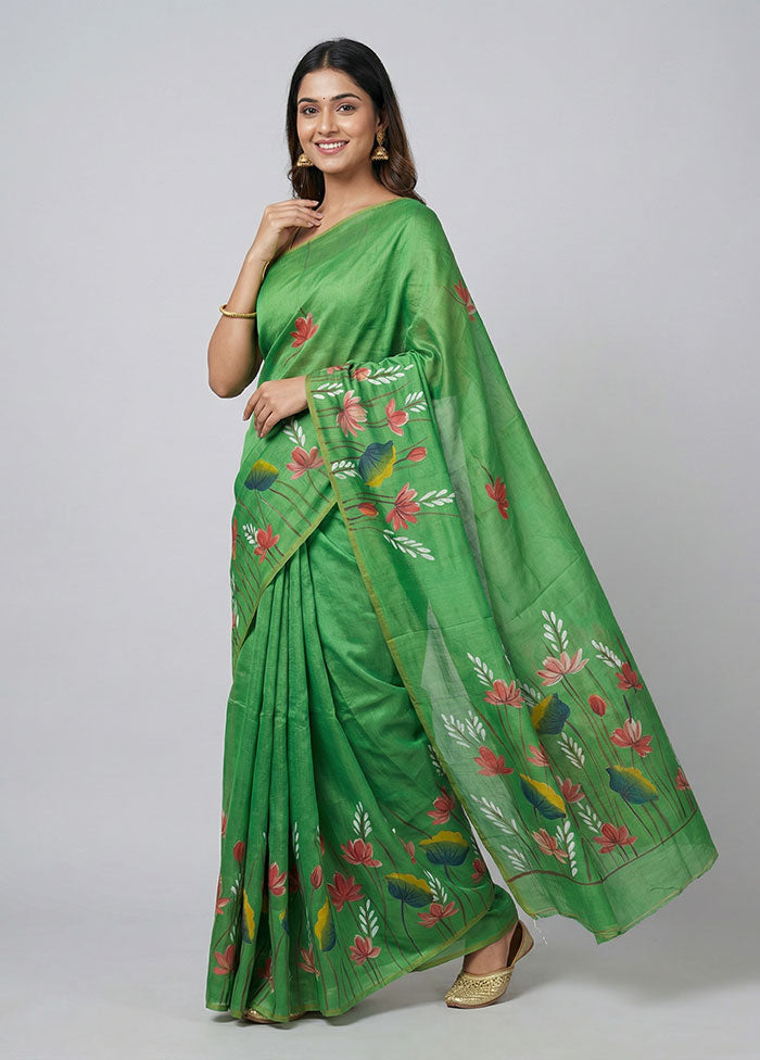Green Printed Silk Saree Without Blouse Piece