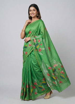 Green Printed Silk Saree Without Blouse Piece