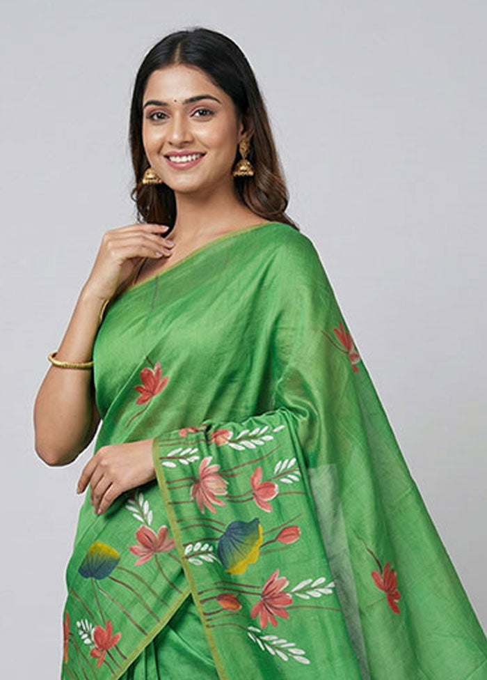 Green Printed Silk Saree Without Blouse Piece