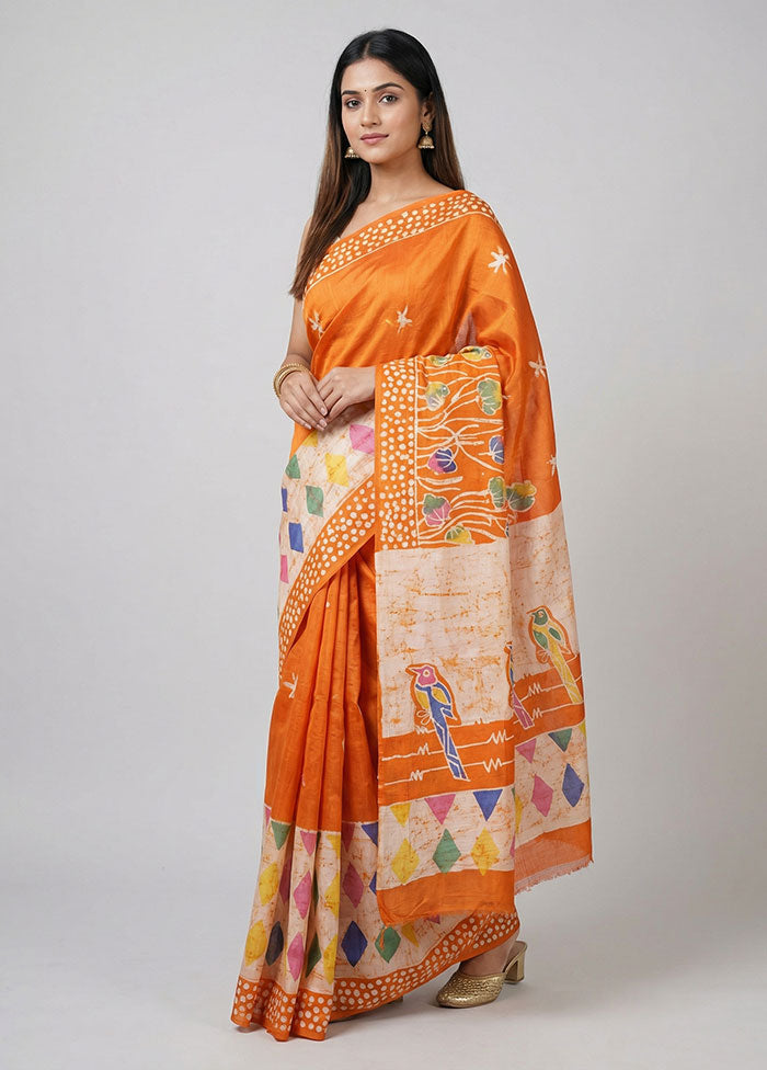 Rust Printed Pure Silk Saree Without Blouse Piece
