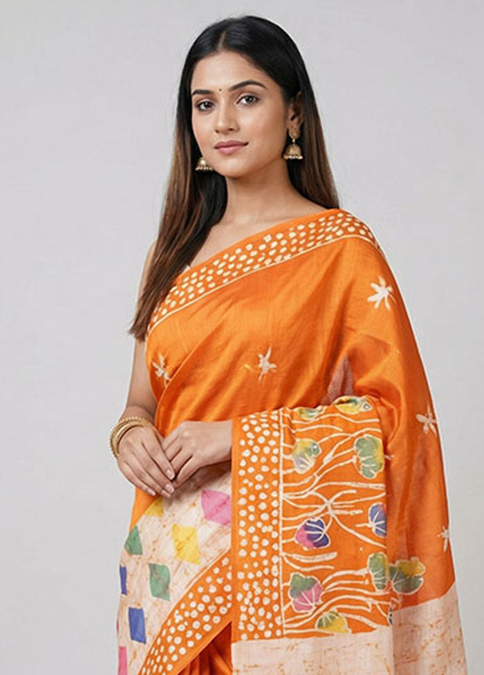 Rust Printed Pure Silk Saree Without Blouse Piece
