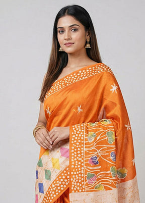 Rust Printed Pure Silk Saree Without Blouse Piece