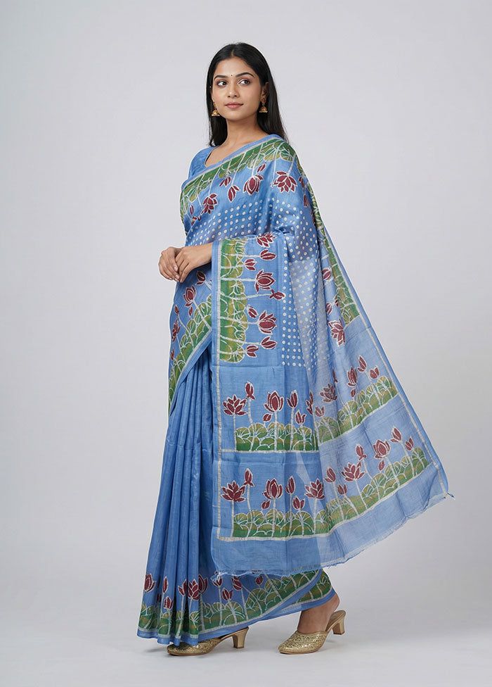 Blue Printed Pure Silk Saree Without Blouse Piece