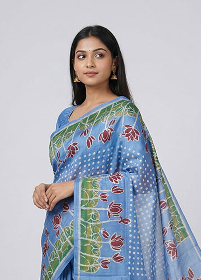 Blue Printed Pure Silk Saree Without Blouse Piece