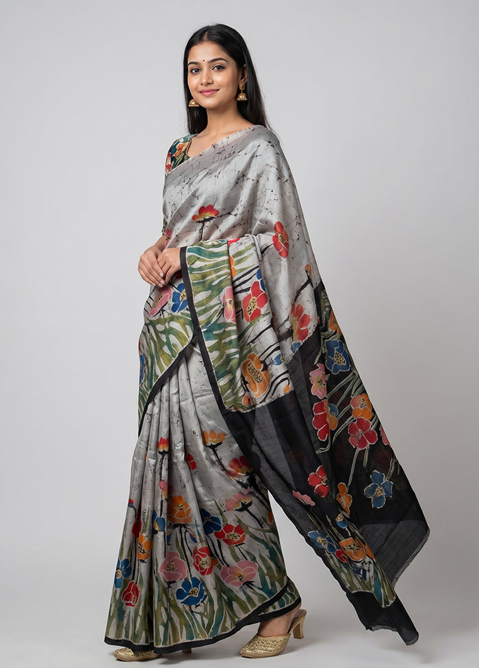 Black Printed Pure Silk Saree Without Blouse Piece