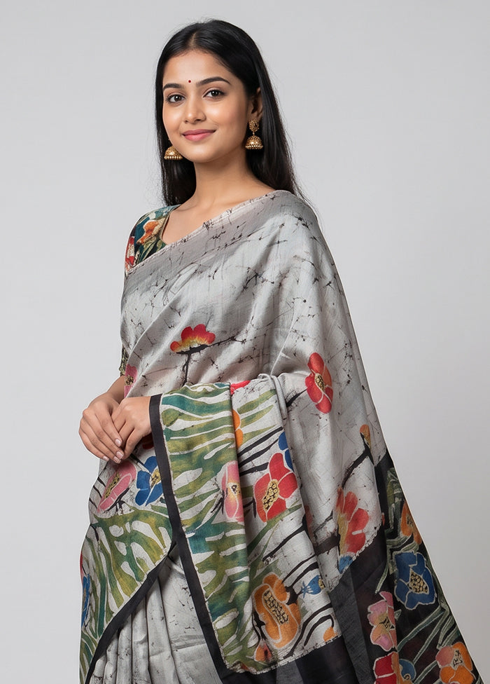Black Printed Pure Silk Saree Without Blouse Piece