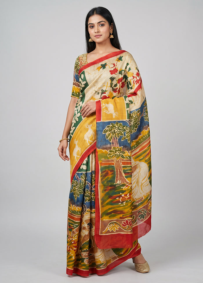 Cream Printed Pure Silk Saree Without Blouse Piece