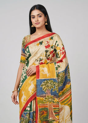 Cream Printed Pure Silk Saree Without Blouse Piece