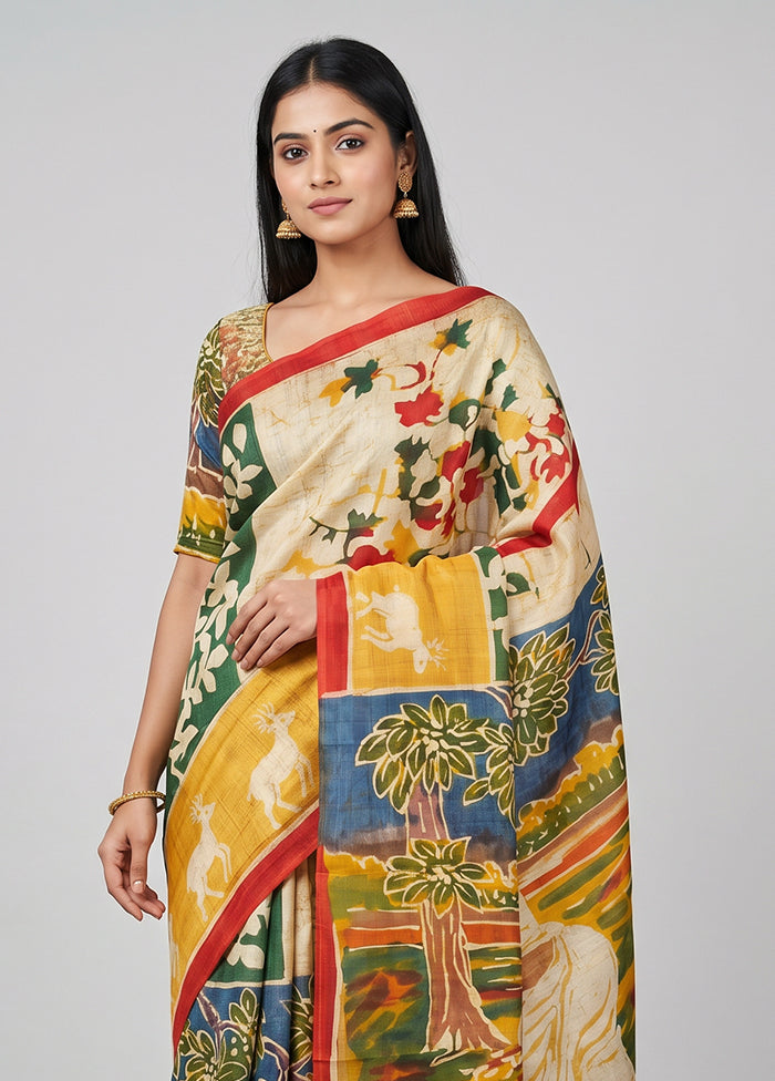 Cream Printed Pure Silk Saree Without Blouse Piece