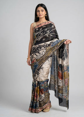 Black Printed Pure Silk Saree Without Blouse Piece