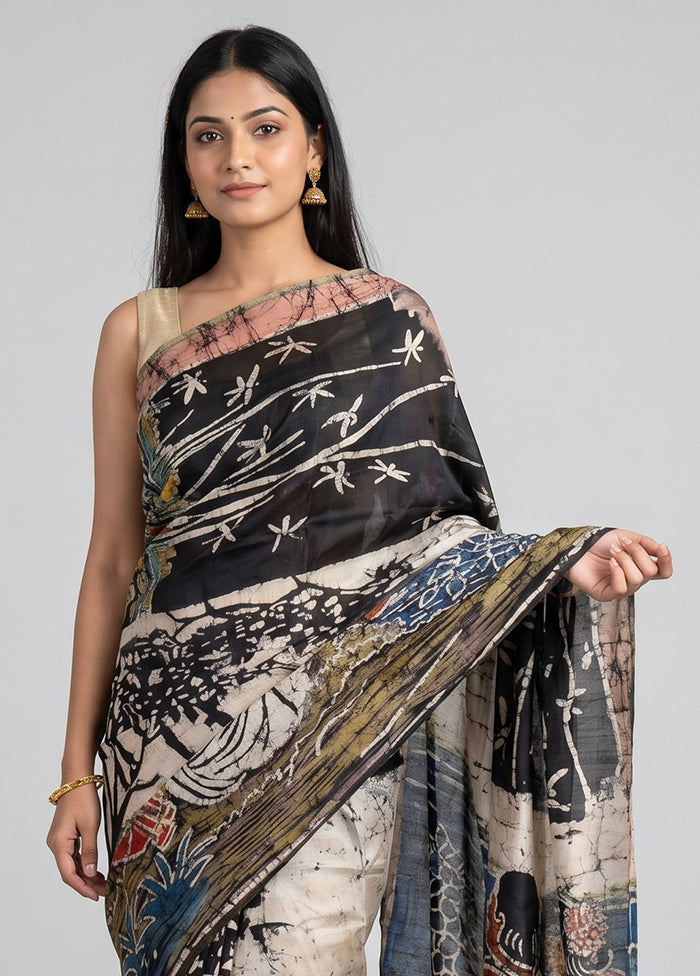 Black Printed Pure Silk Saree Without Blouse Piece