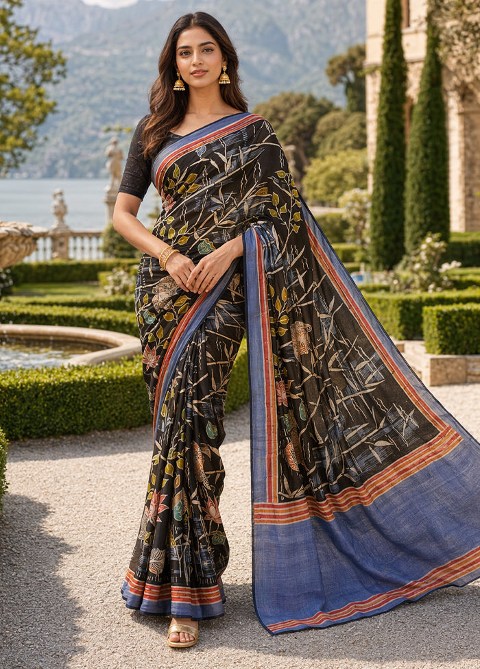 Black Printed Pure Silk Saree Without Blouse Piece