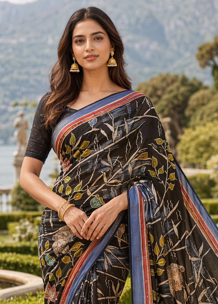 Black Printed Pure Silk Saree Without Blouse Piece