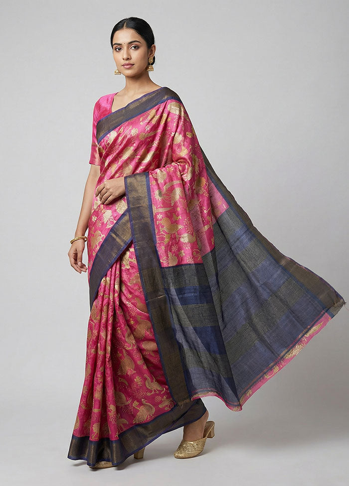 Pink Tussar Silk Saree With Blouse Piece