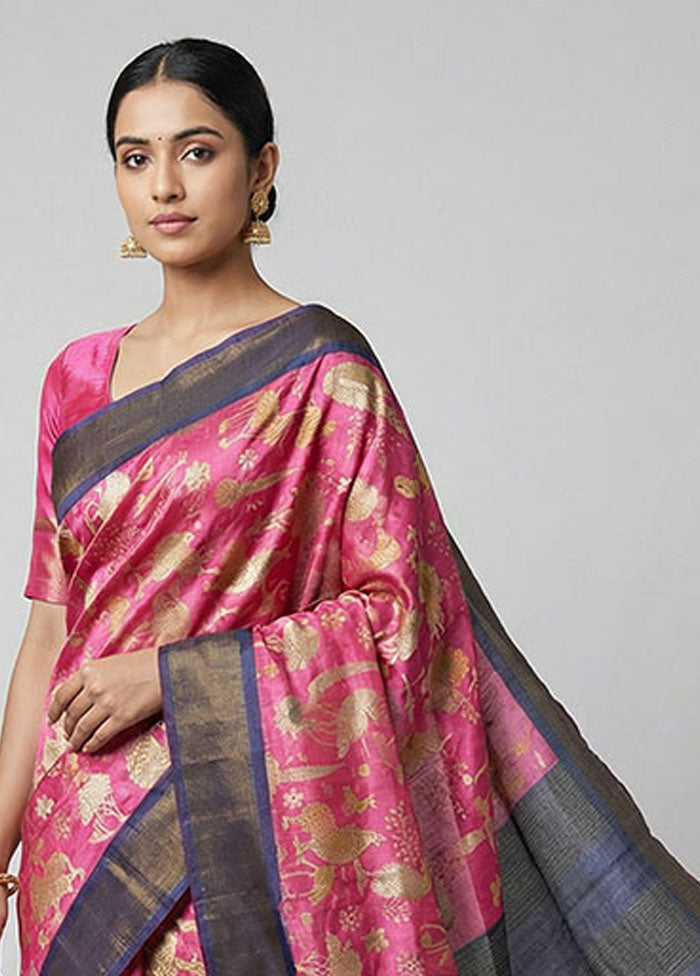 Pink Tussar Silk Saree With Blouse Piece