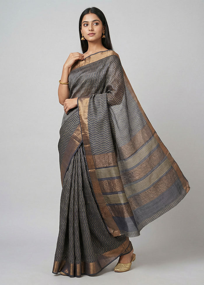 Grey Tussar Silk Saree With Blouse Piece