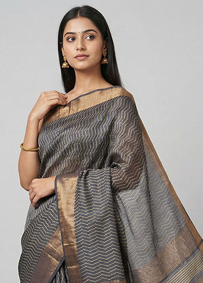 Grey Tussar Silk Saree With Blouse Piece