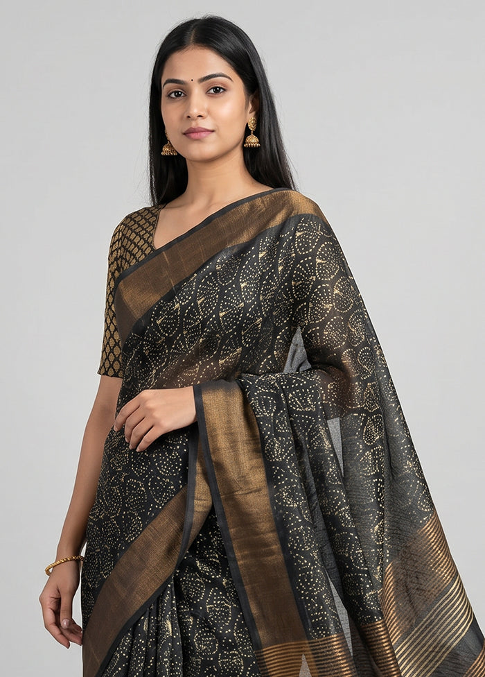 Black Tussar Silk Saree With Blouse Piece