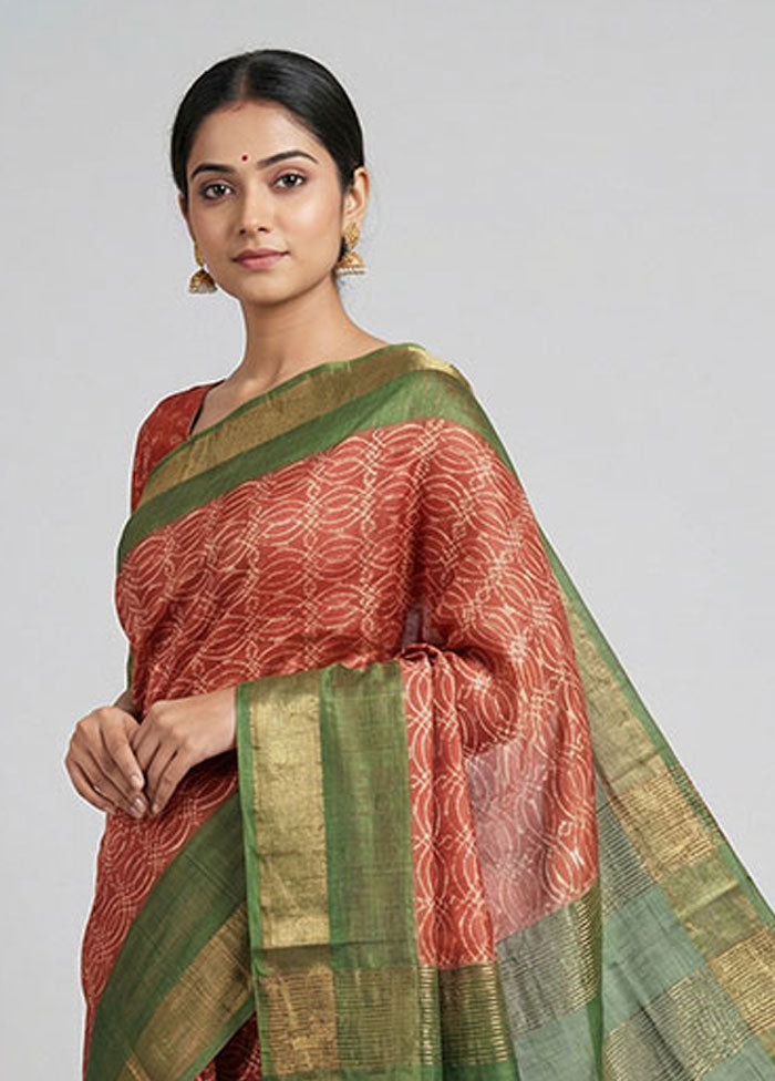 Rust Handloom Tussar Silk Saree With Blouse Piece
