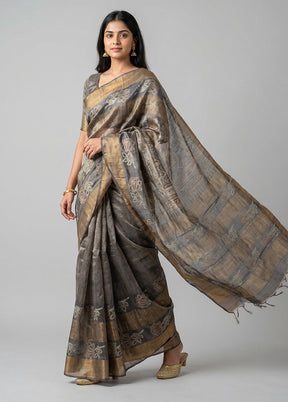 Grey Handloom Tussar Pure Silk Saree With Blouse Piece