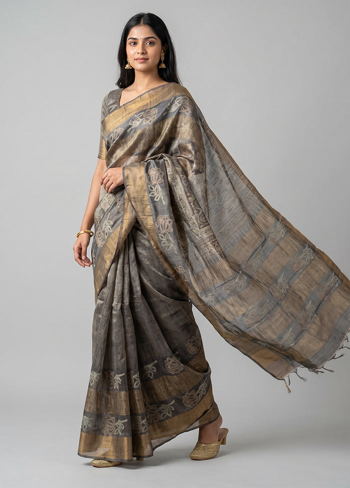 Grey Handloom Tussar Pure Silk Saree With Blouse Piece