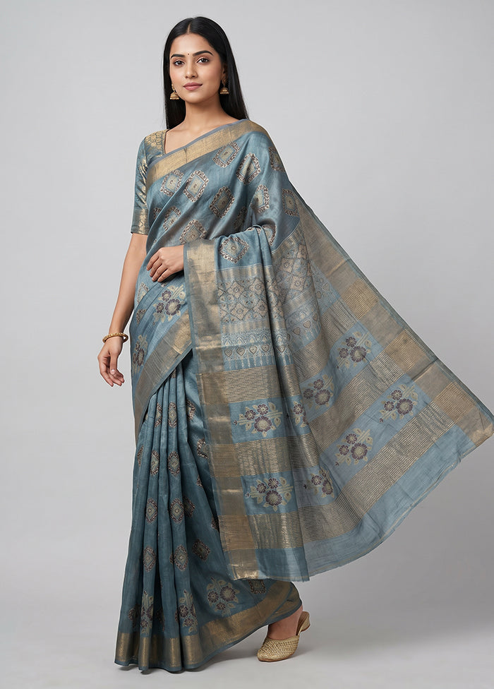 Blue Handloom Tussar Pure Silk Saree With Blouse Piece