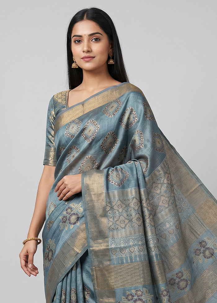 Blue Handloom Tussar Pure Silk Saree With Blouse Piece