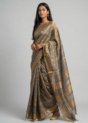 Grey Handloom Tussar Pure Silk Saree With Blouse Piece