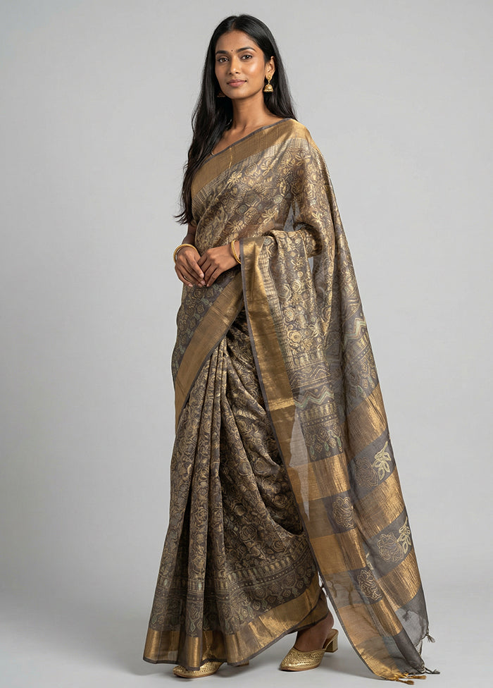 Grey Handloom Tussar Pure Silk Saree With Blouse Piece