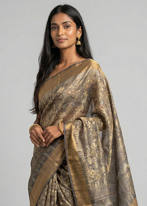 Grey Handloom Tussar Pure Silk Saree With Blouse Piece