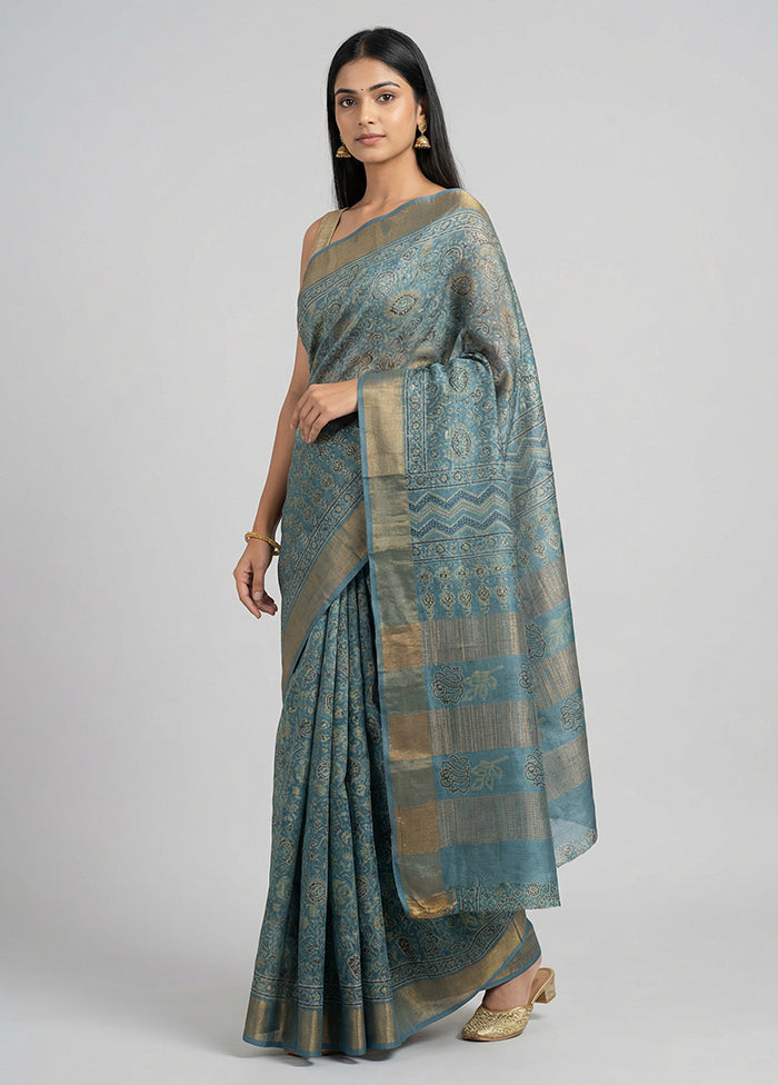 Blue Handloom Tussar Pure Silk Saree With Blouse Piece