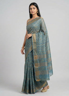 Blue Handloom Tussar Pure Silk Saree With Blouse Piece