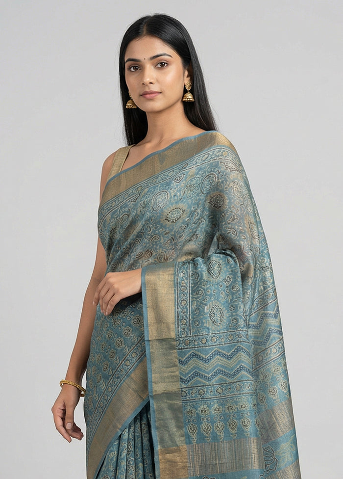 Blue Handloom Tussar Pure Silk Saree With Blouse Piece