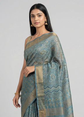Blue Handloom Tussar Pure Silk Saree With Blouse Piece