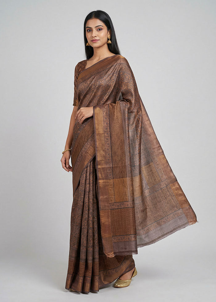Purple Handloom Tussar Pure Silk Saree With Blouse Piece