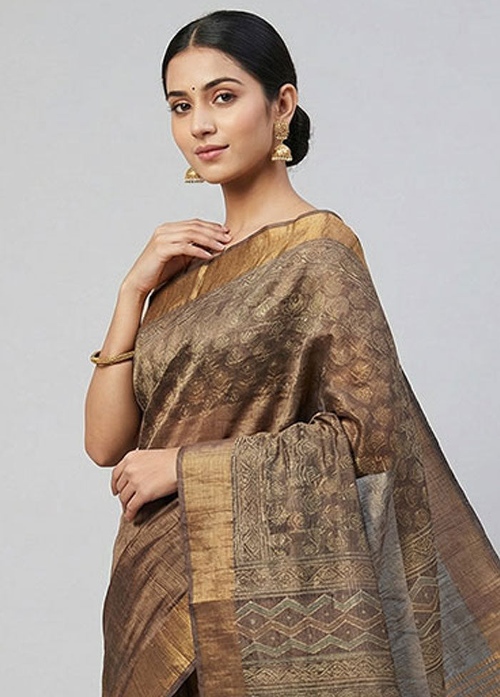Cream Handloom Tussar Pure Silk Saree With Blouse Piece