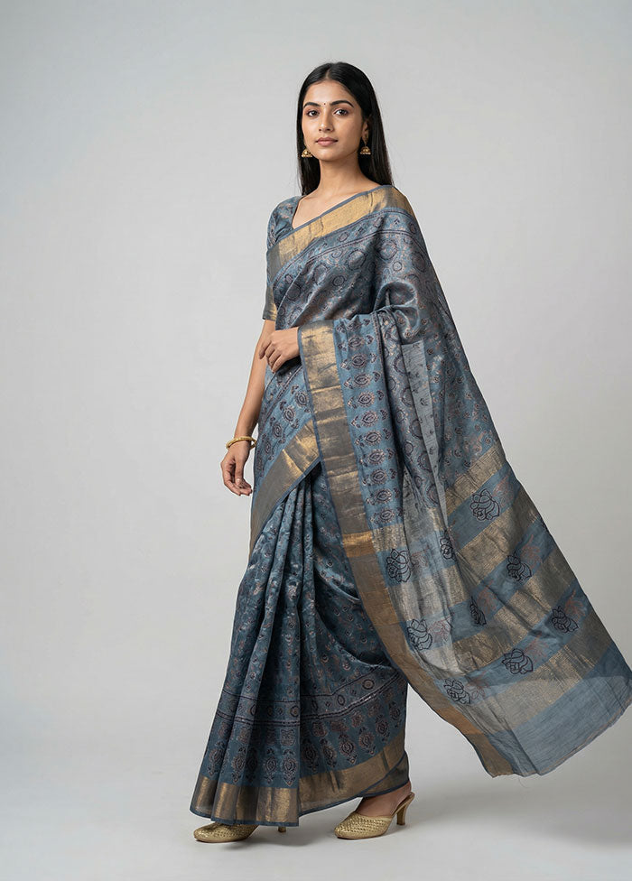 Blue Handloom Tussar Pure Silk Saree With Blouse Piece