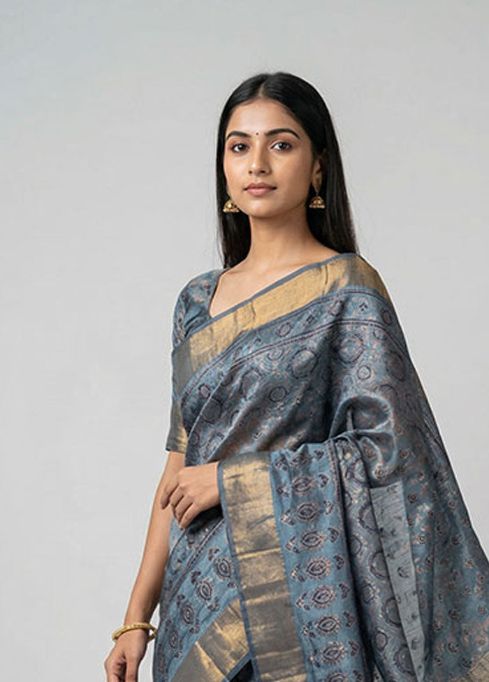 Blue Handloom Tussar Pure Silk Saree With Blouse Piece