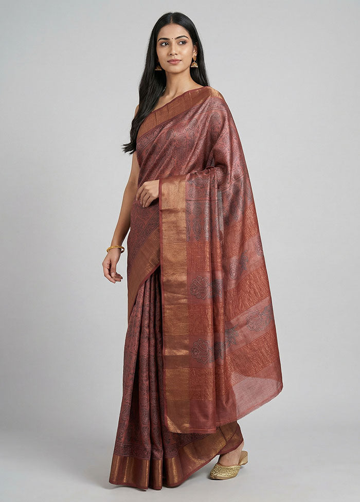 Pink Handloom Tussar Pure Silk Saree With Blouse Piece