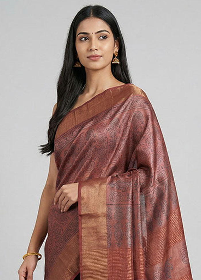 Pink Handloom Tussar Pure Silk Saree With Blouse Piece