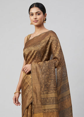 Yellow Handloom Tussar Pure Silk Saree With Blouse Piece