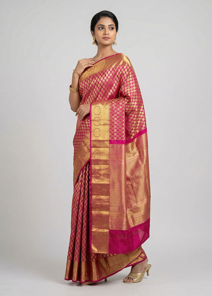 Pink Handloom Kanchipuram Pure Silk Saree With Blouse Piece