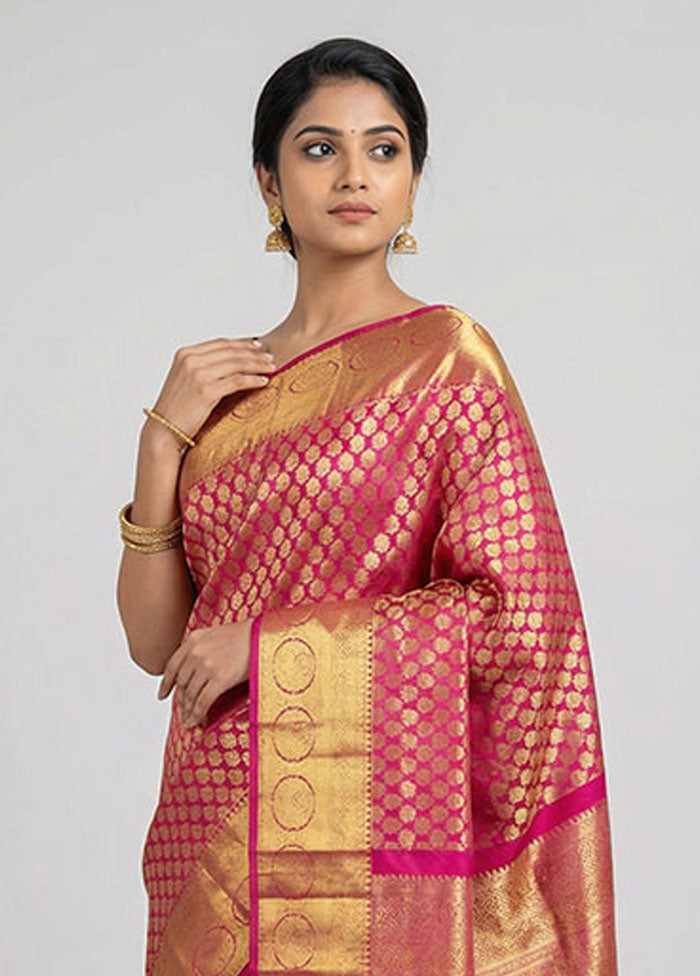 Pink Handloom Kanchipuram Pure Silk Saree With Blouse Piece