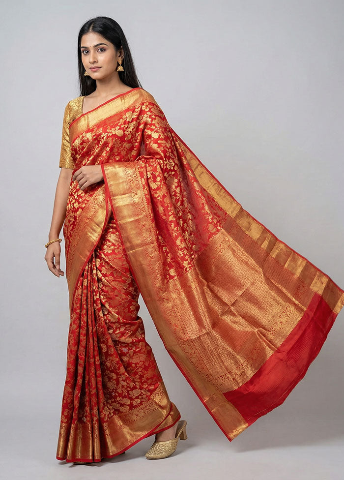 Red Handloom Kanchipuram Pure Silk Saree With Blouse Piece