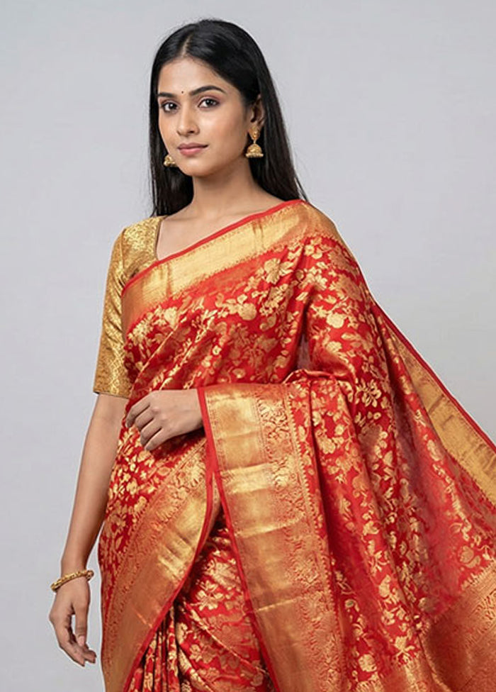 Red Handloom Kanchipuram Pure Silk Saree With Blouse Piece