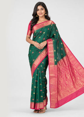 Green Handloom Kanjivaram Pure Silk Saree With Blouse Piece