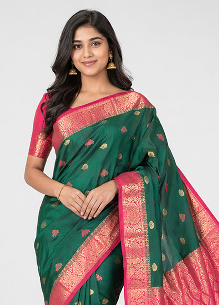 Green Handloom Kanjivaram Pure Silk Saree With Blouse Piece